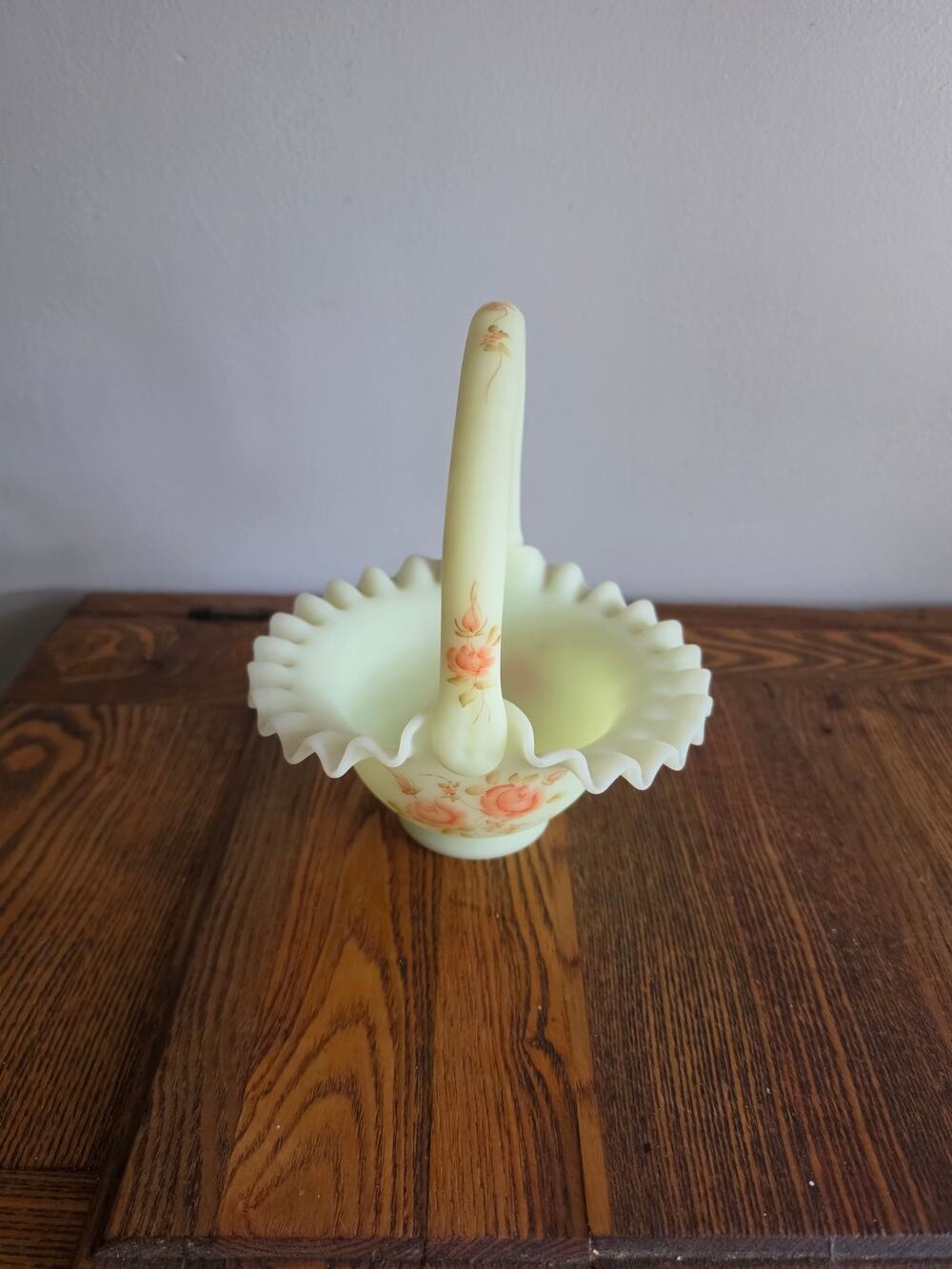 Vintage Fenton Satin Custard Uranium Glass Ruffled Basket Hand Painted SIGNED